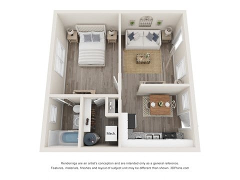 Floor plan for 1 bed, 1 bath, 719 sqft